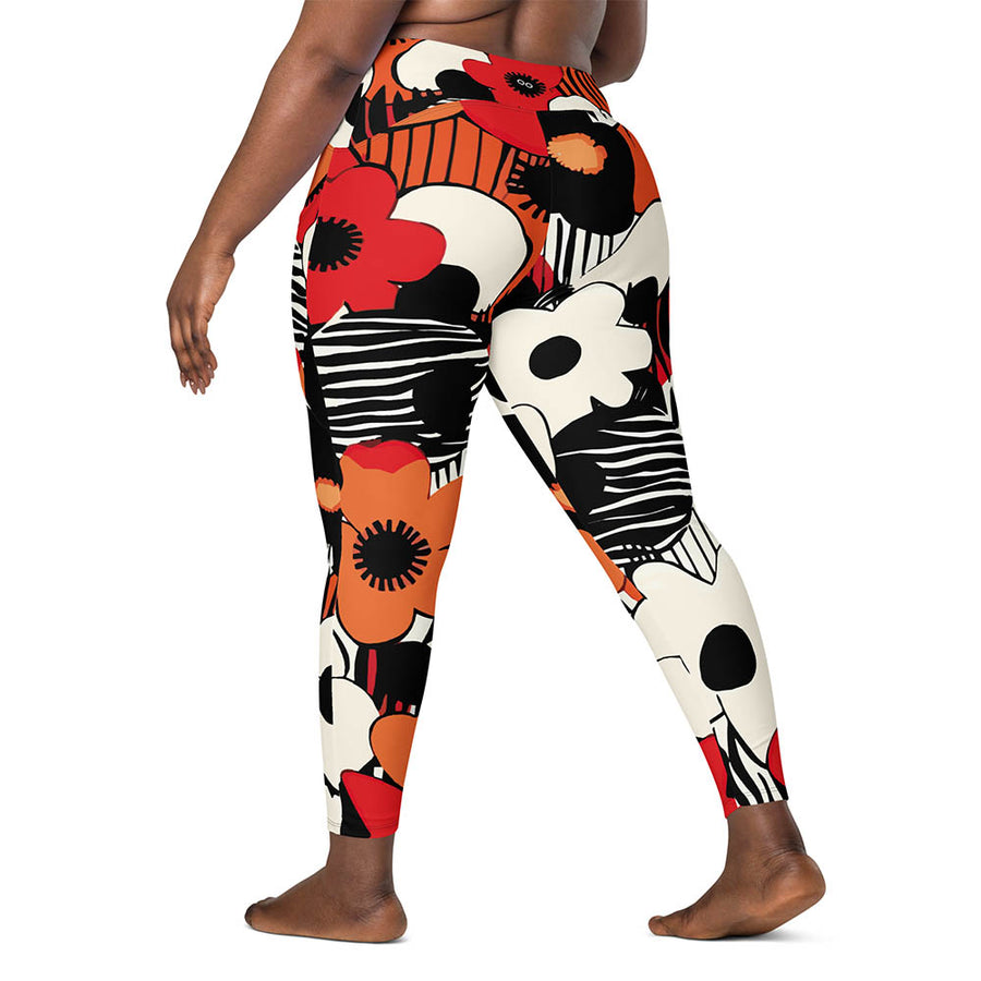 Recycled Floral Leggings "Zebra Blossom" Black/Red/Orange with pockets