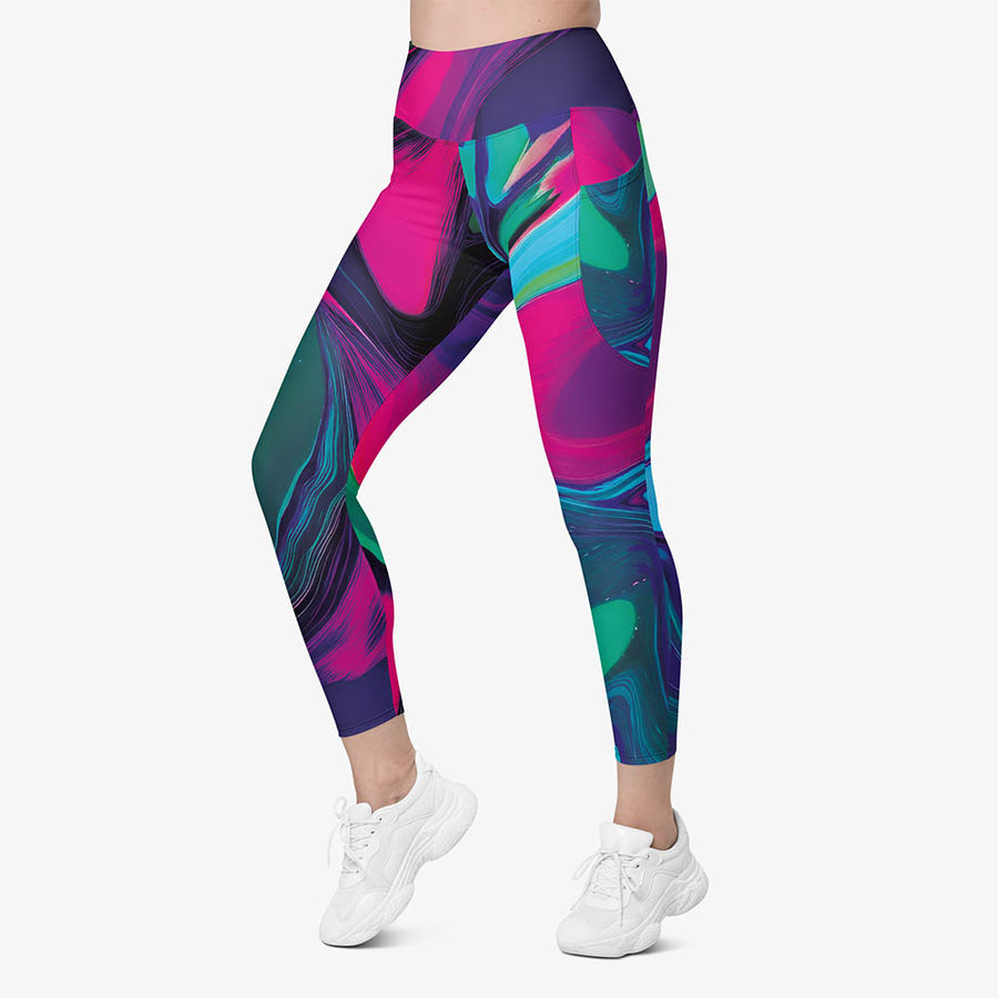 Recycled Printed Leggings "Funky Lava" Green/Magenta with Pockets