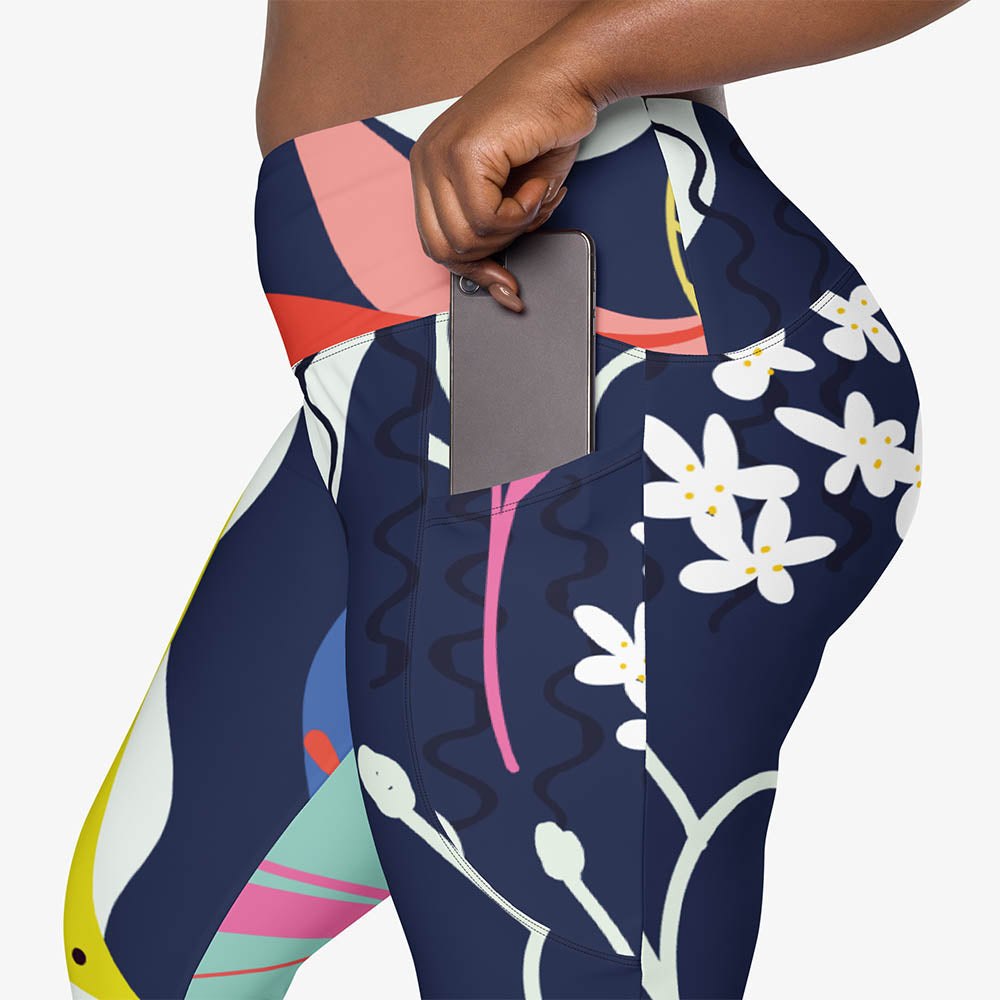 WAREHOUSE Recycled Floral Leggings "Fluid Flowers" Blue/Yellow with Pockets