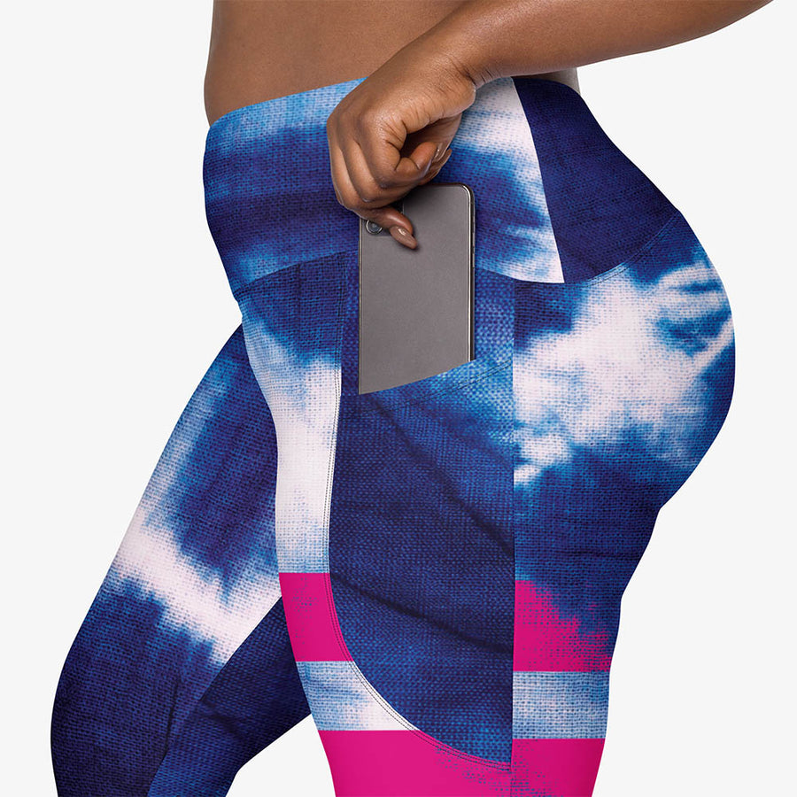 Recycled Printed Leggings "Tie Dye Stripe" Blue/Magenta with Pockets