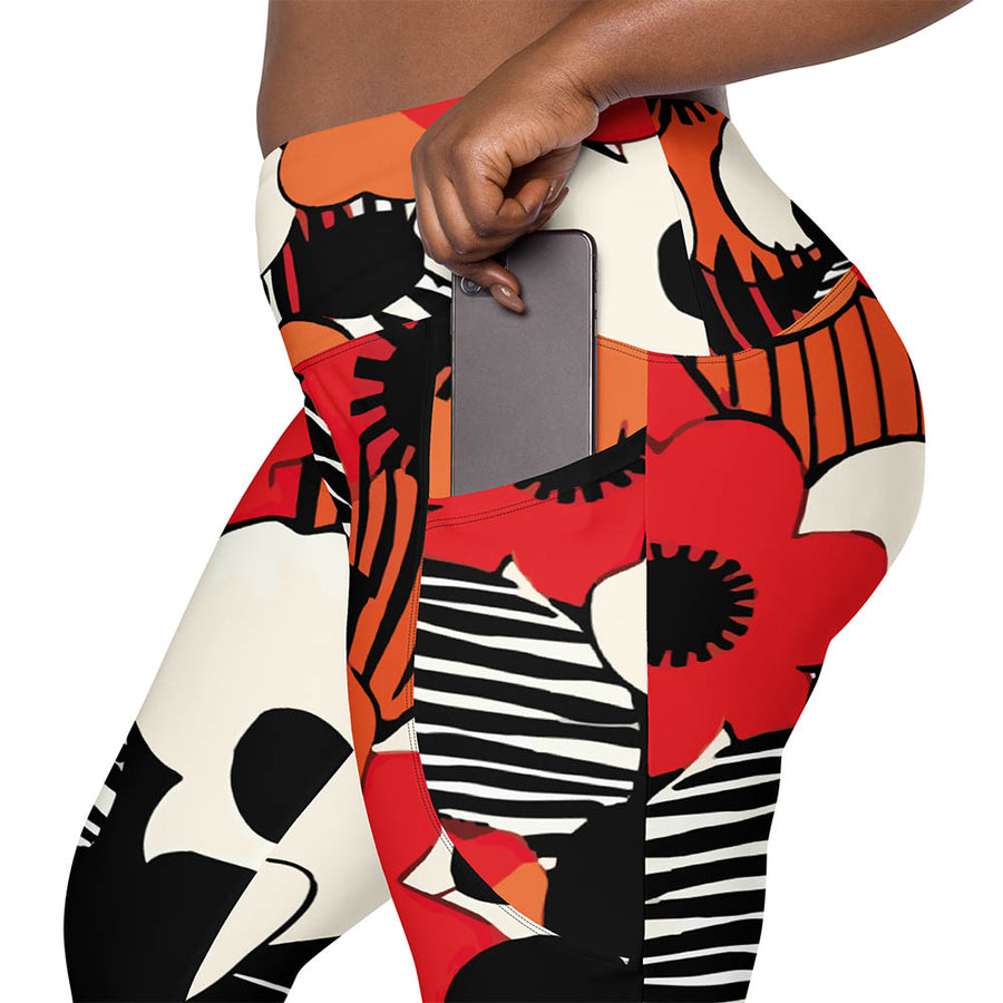 Recycled Floral Leggings "Zebra Blossom" Black/Red/Orange with pockets