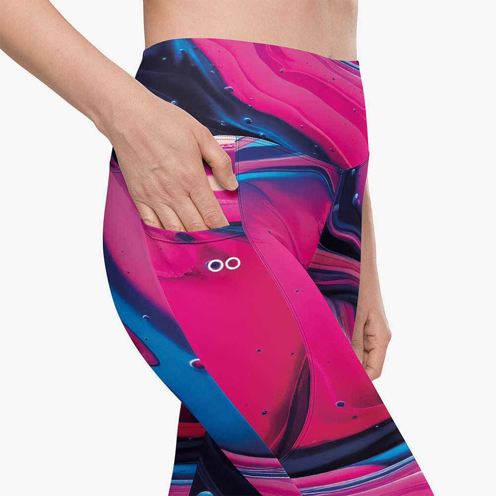 Product details of white recycled leggings with pockets and abstract print.