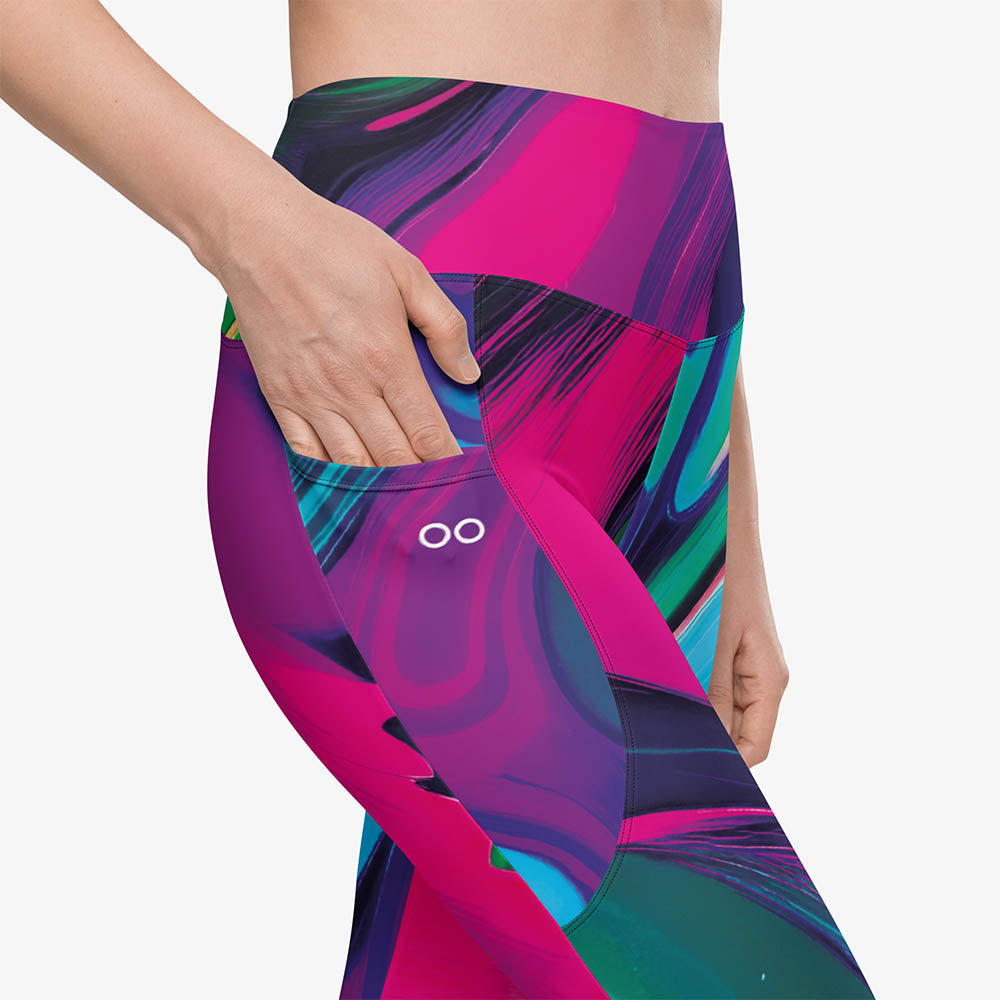 Product details of white recycled leggings with pockets and abstract print.