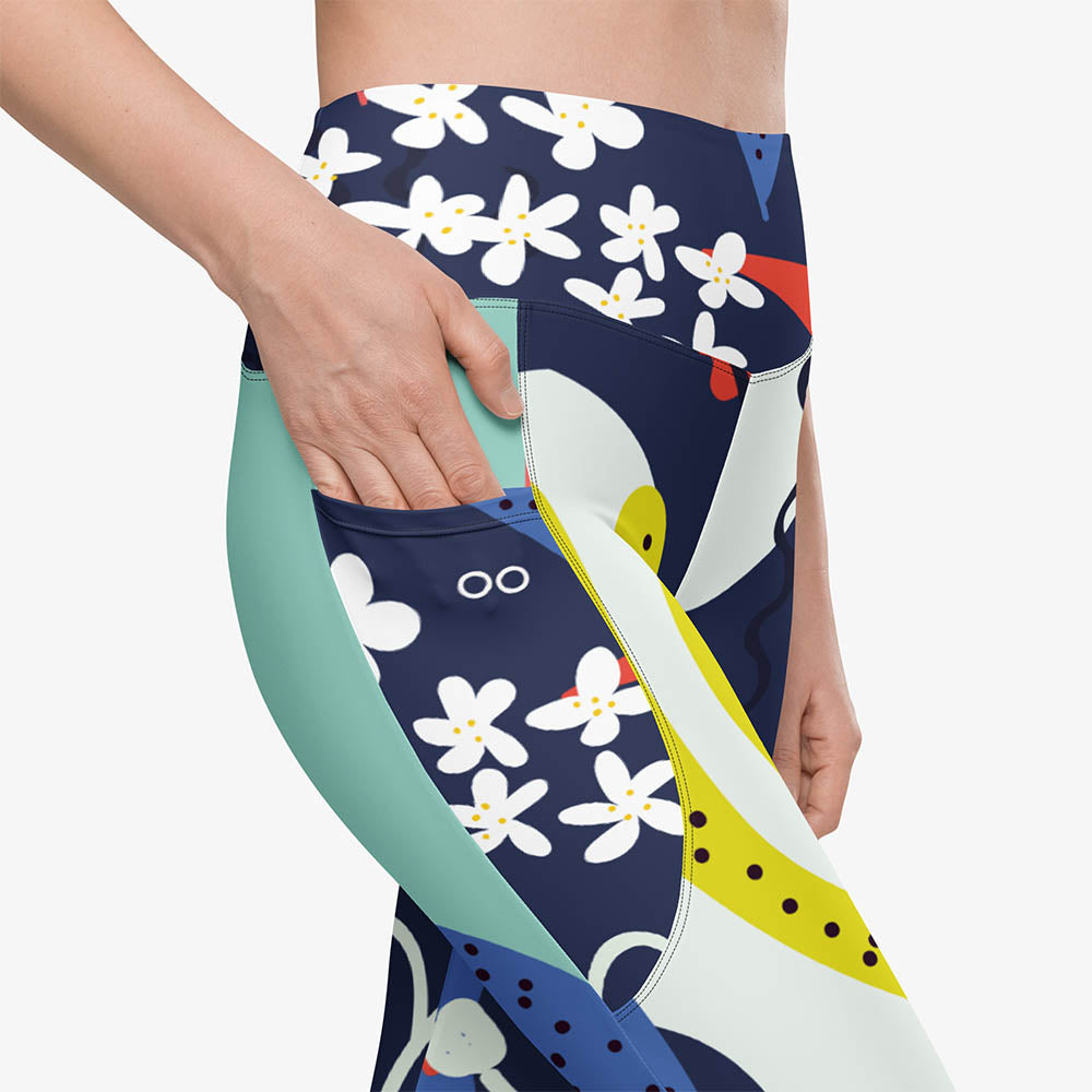 WAREHOUSE Recycled Floral Leggings "Fluid Flowers" Blue/Yellow with Pockets