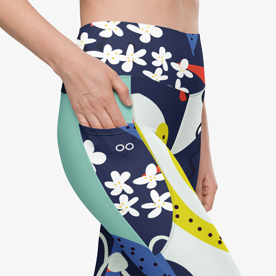 Recycled Floral Leggings "Fluid Flowers" Blue/Yellow with Pockets