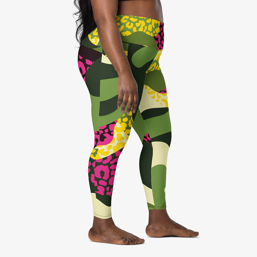 Recycled Animal Printed Leggings "Camocheetah" Green/Yellow/Pink with pockets