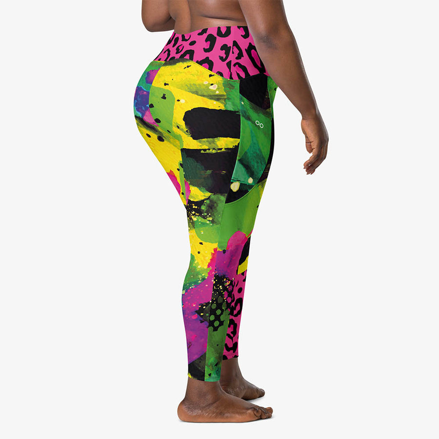 Recycled Animal Printed Leggings "Wild Canvas" Green/Pink/Yellow with pockets