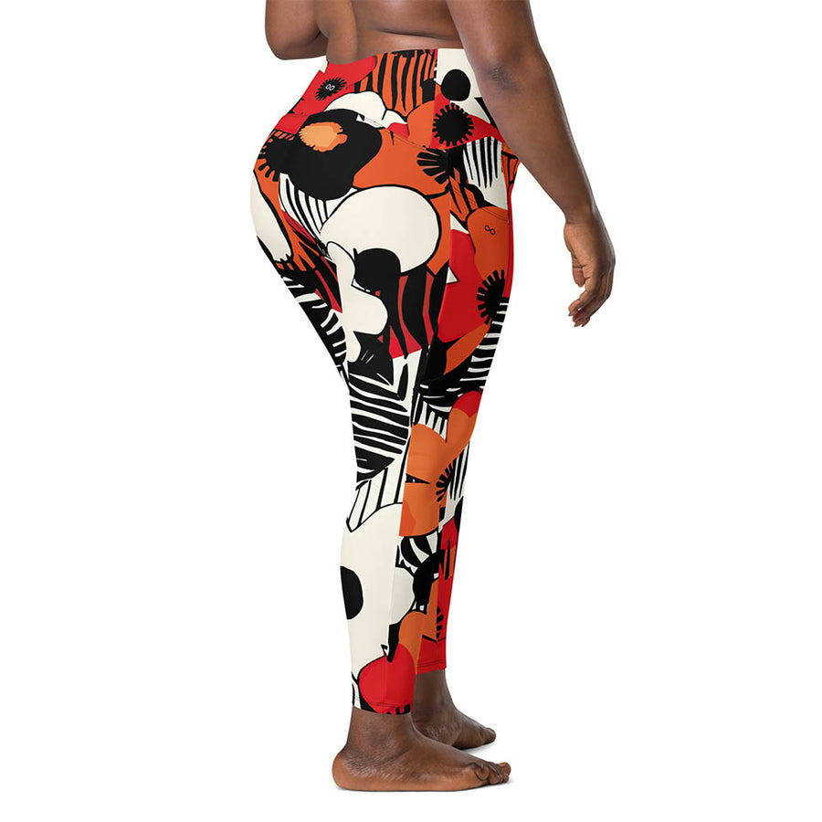 Recycled Floral Leggings "Zebra Blossom" Black/Red/Orange with pockets