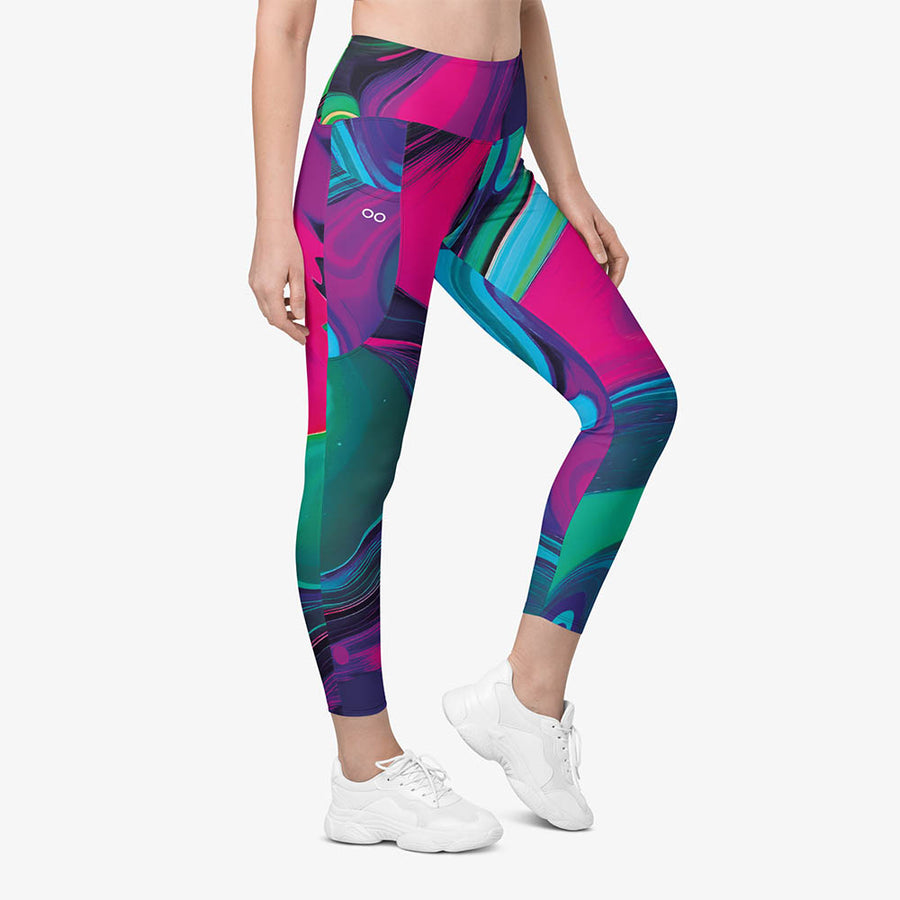 Recycled Printed Leggings "Funky Lava" Green/Magenta with Pockets