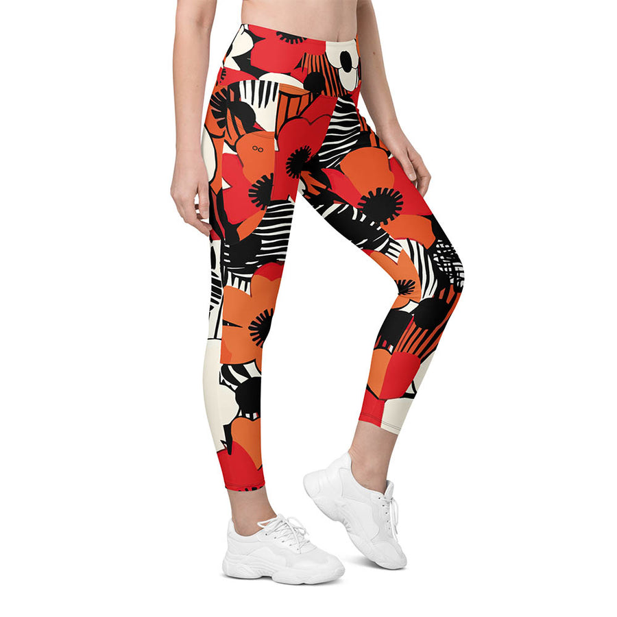 Recycled Floral Leggings "Zebra Blossom" Black/Red/Orange with pockets