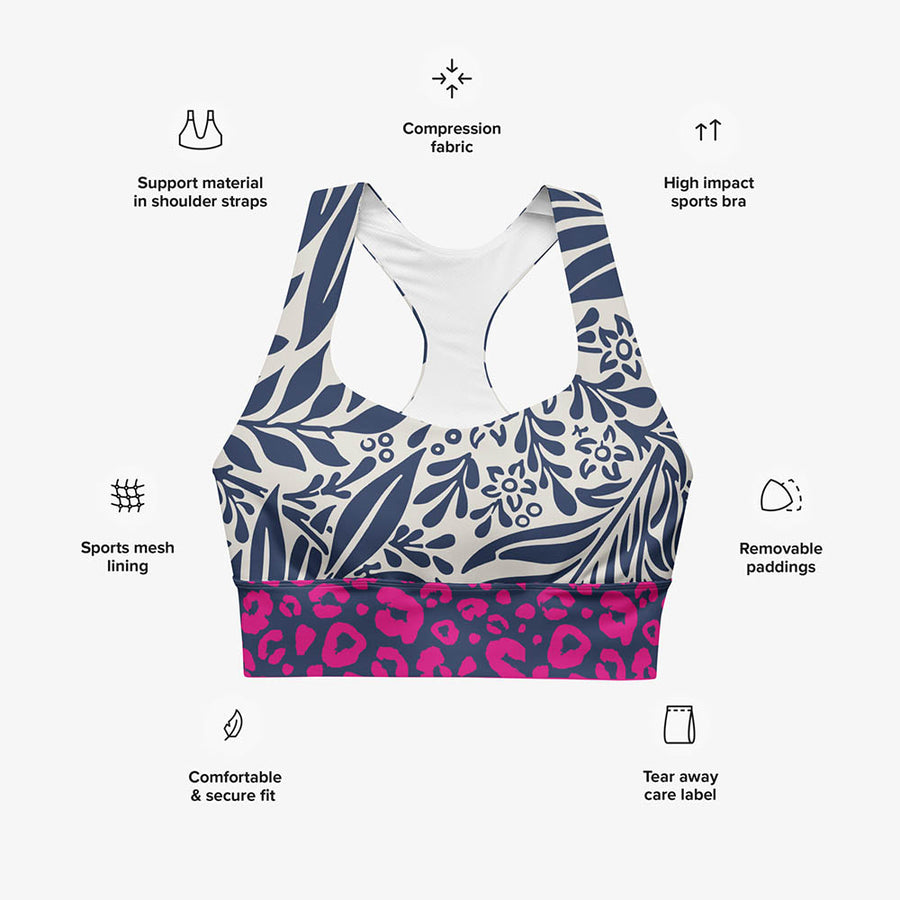 Recycled High Impact Bra "Palms & Pards" White/Blue/Fuchsia