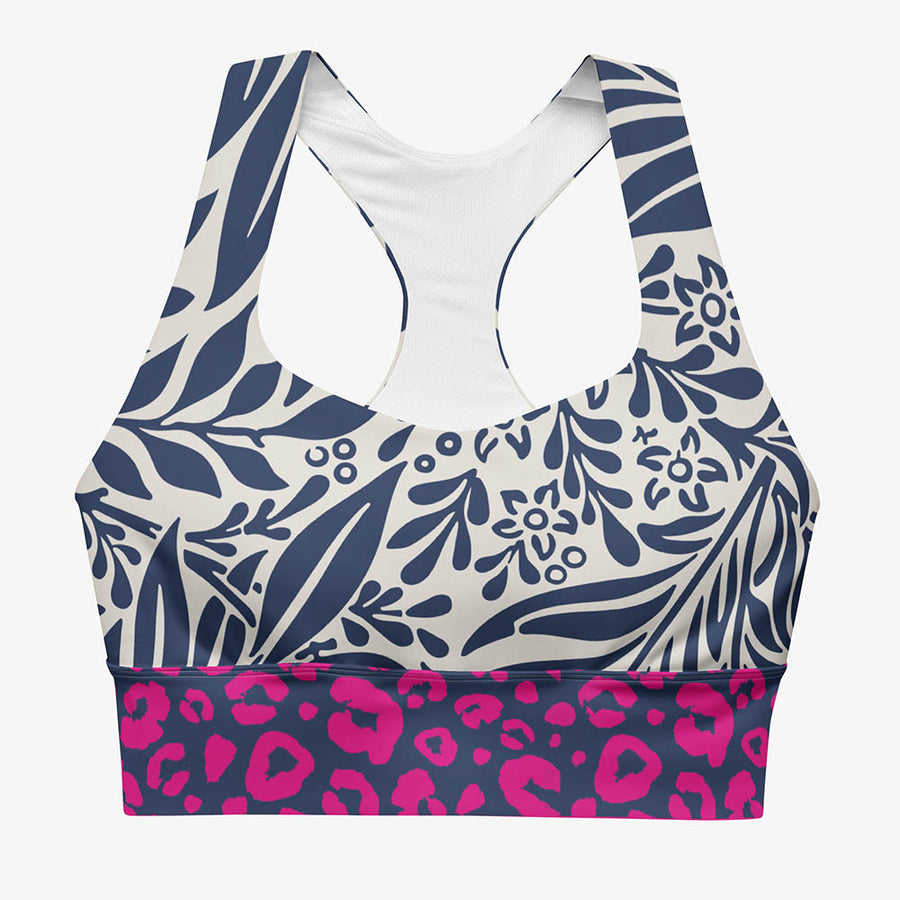 Recycled High Impact Bra "Palms & Pards" White/Blue/Fuchsia