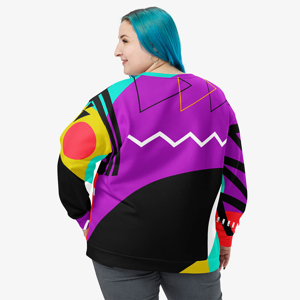 Back view of white recycled unisex sweatshirt with abstract print.