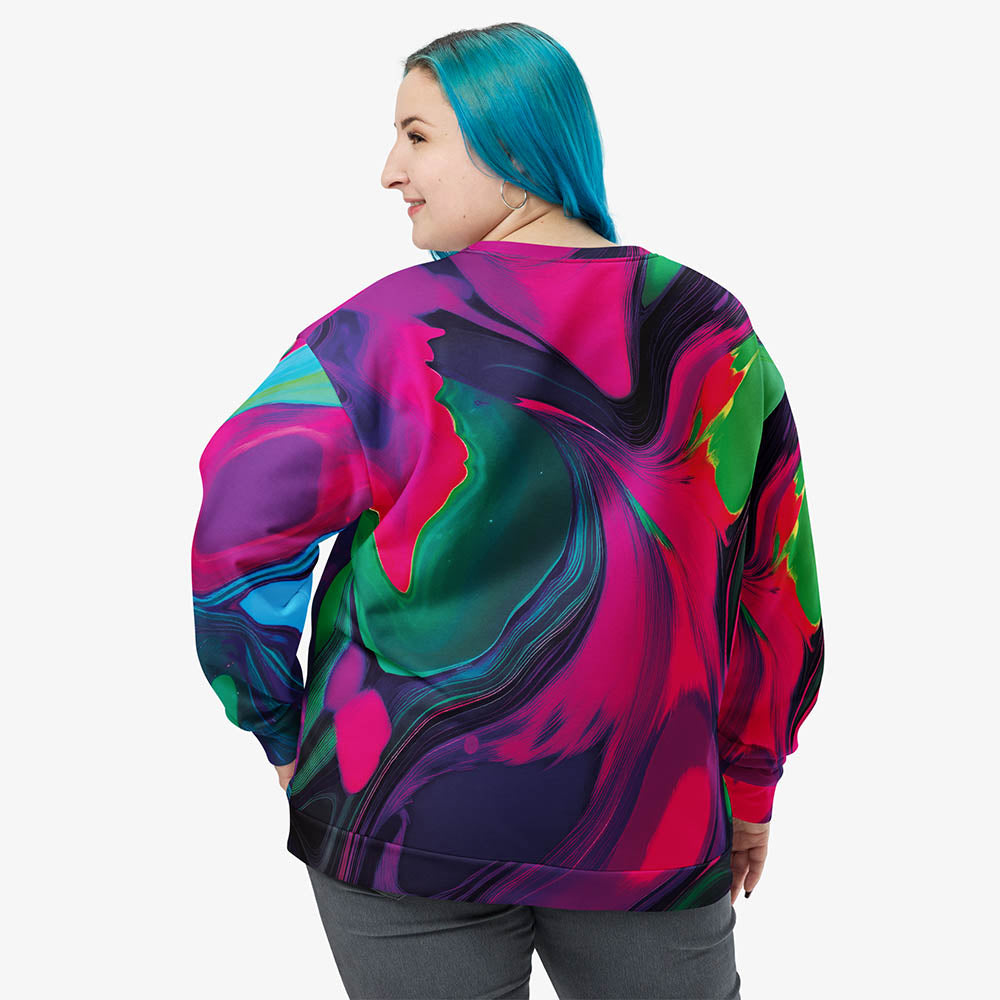 multi-coloured recycled unisex sweatshirt with abstract print, back view.