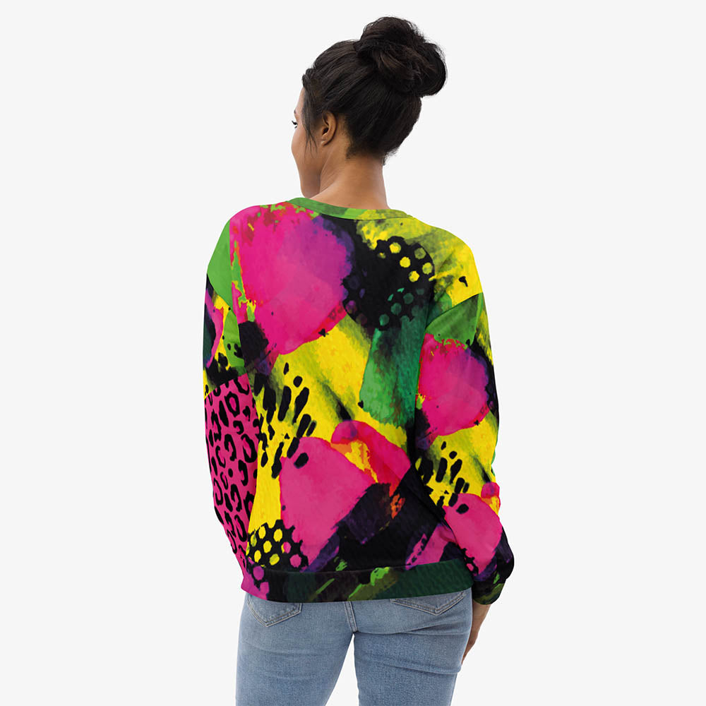 Back view of white recycled unisex sweatshirt with abstract print.