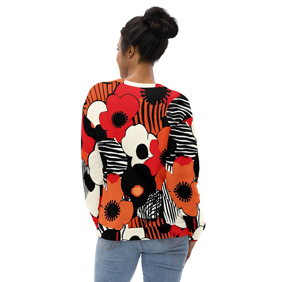 Recycled Fleece Sweatshirt "Zebra Blossom" Black/Red/Orange