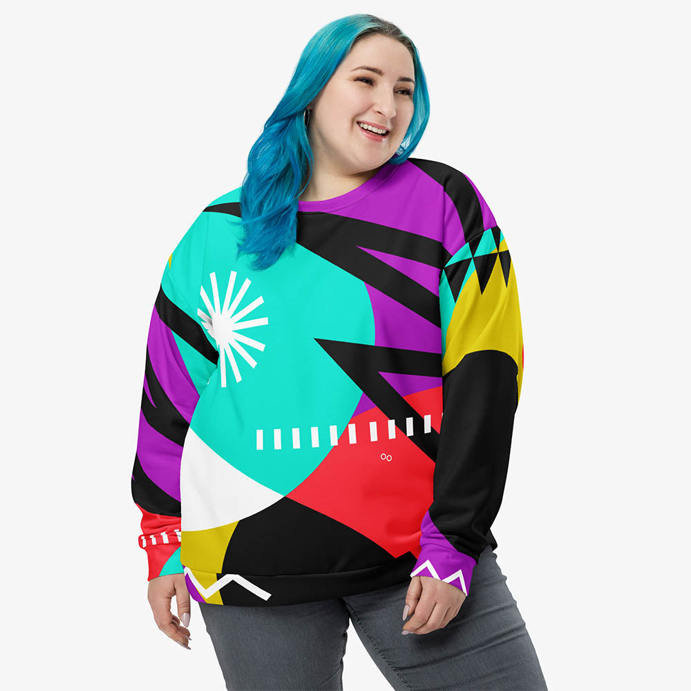 Front view of white recycled unisex sweatshirt with abstract print.