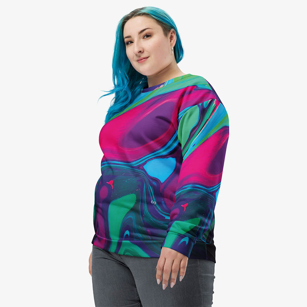 Left front view of white recycled unisex sweatshirt with abstract print.