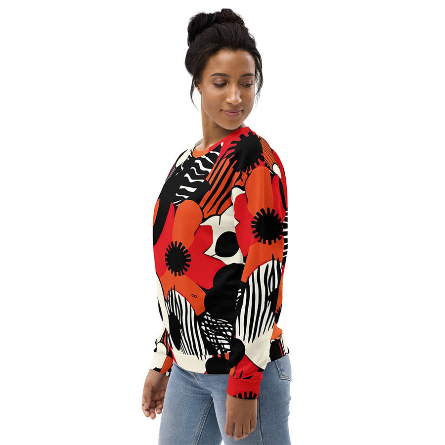 Recycled Fleece Sweatshirt "Zebra Blossom" Black/Red/Orange