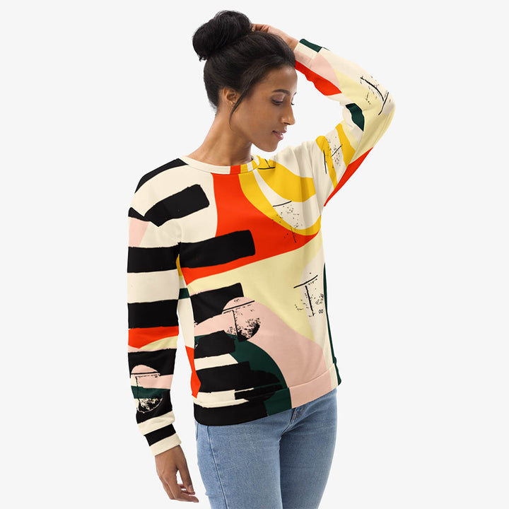 Right front view of white recycled unisex sweatshirt with abstract print.