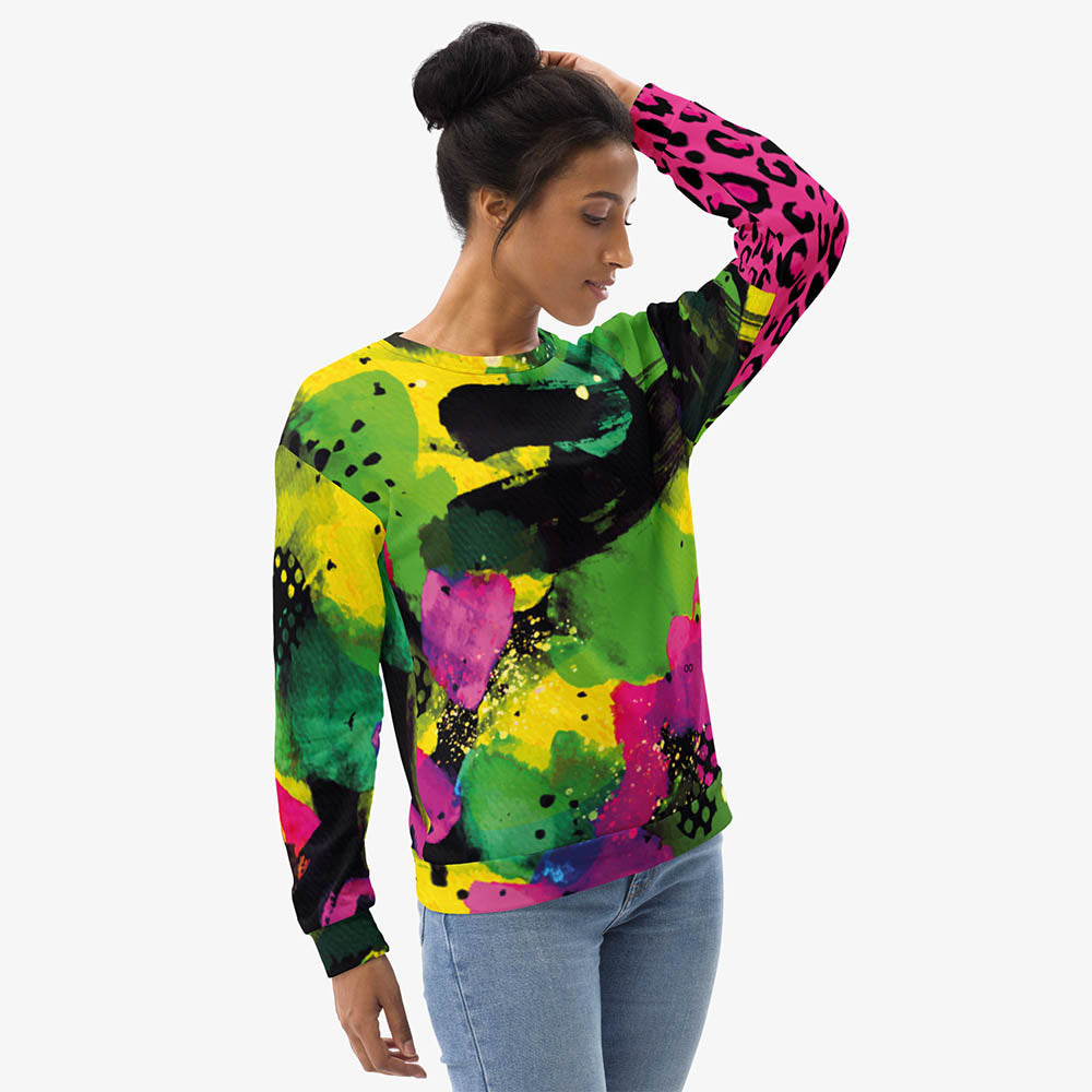 White unisex sweatshirt with abstract print, right front view.