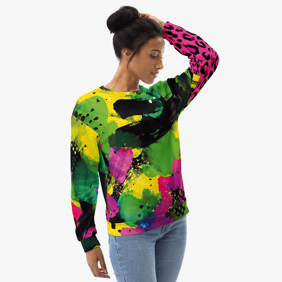 Recycled Fleece Animal Printed Sweatshirt "Wild Canvas" Green/Yellow/Pink