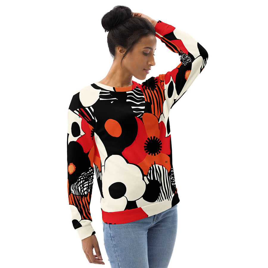 Recycled Fleece Sweatshirt "Zebra Blossom" Black/Red/Orange