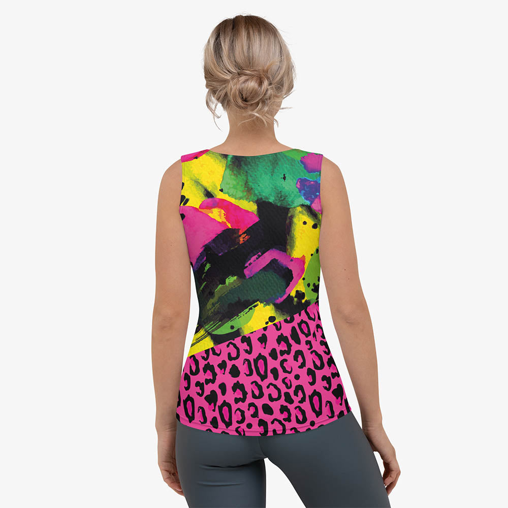 Back view of white women's tank top with abstract print.