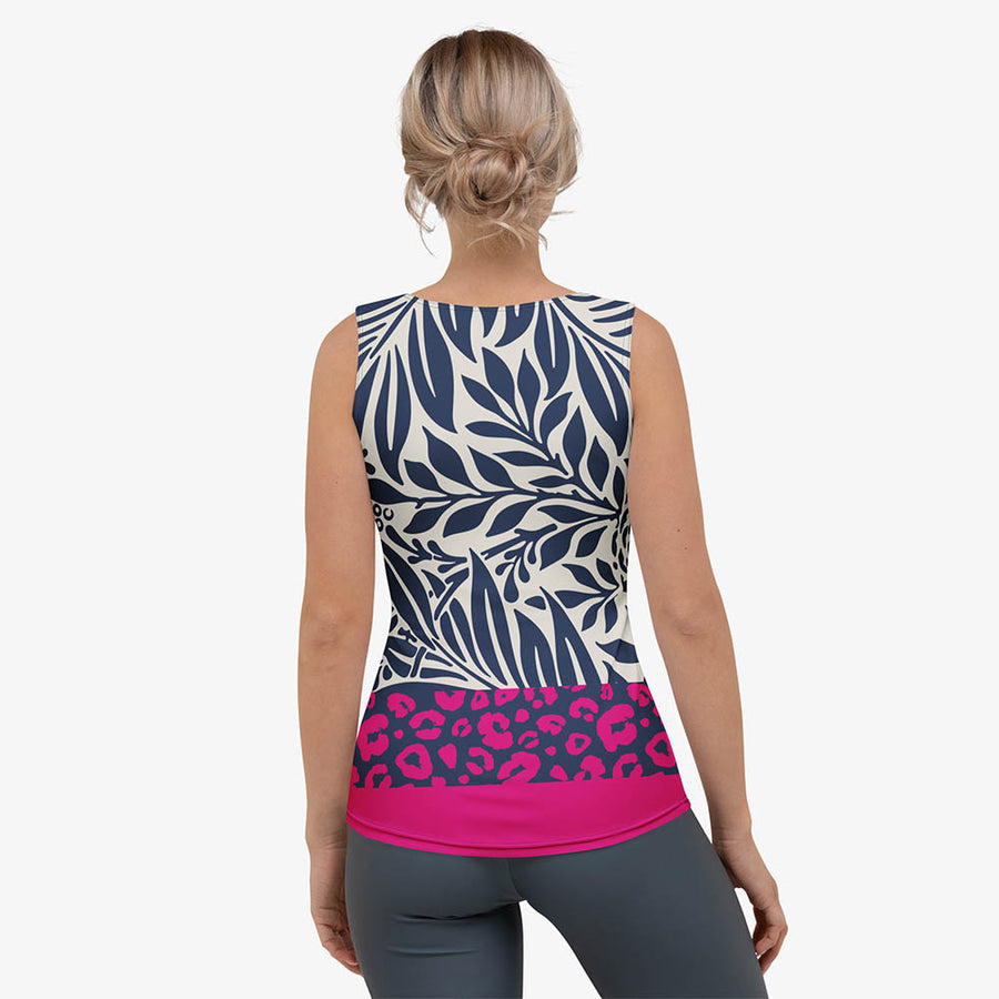 Floral Flex Vest "Palms & Pards" White/Blue/Fuchsia
