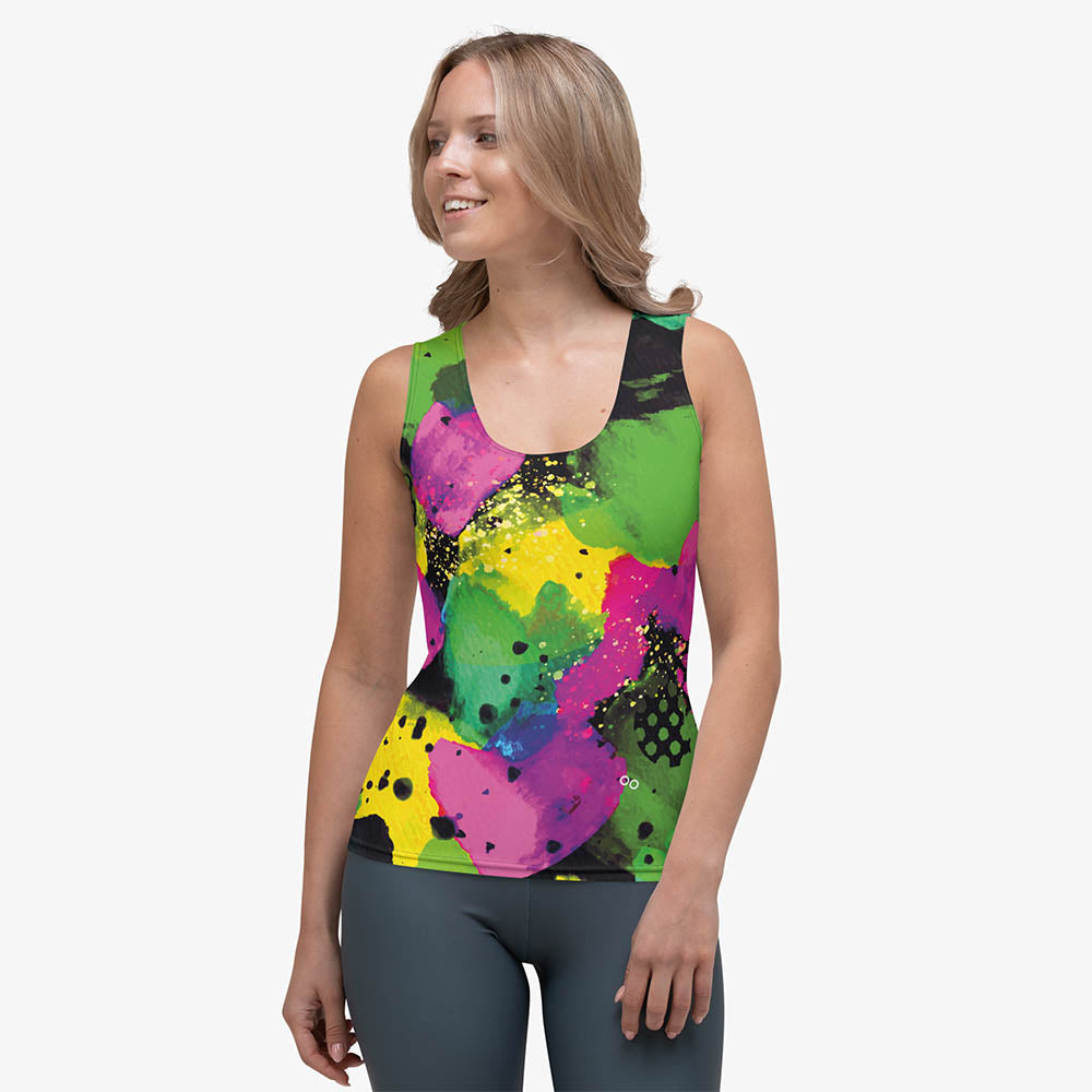 Front view of white women's tank top with abstract print.