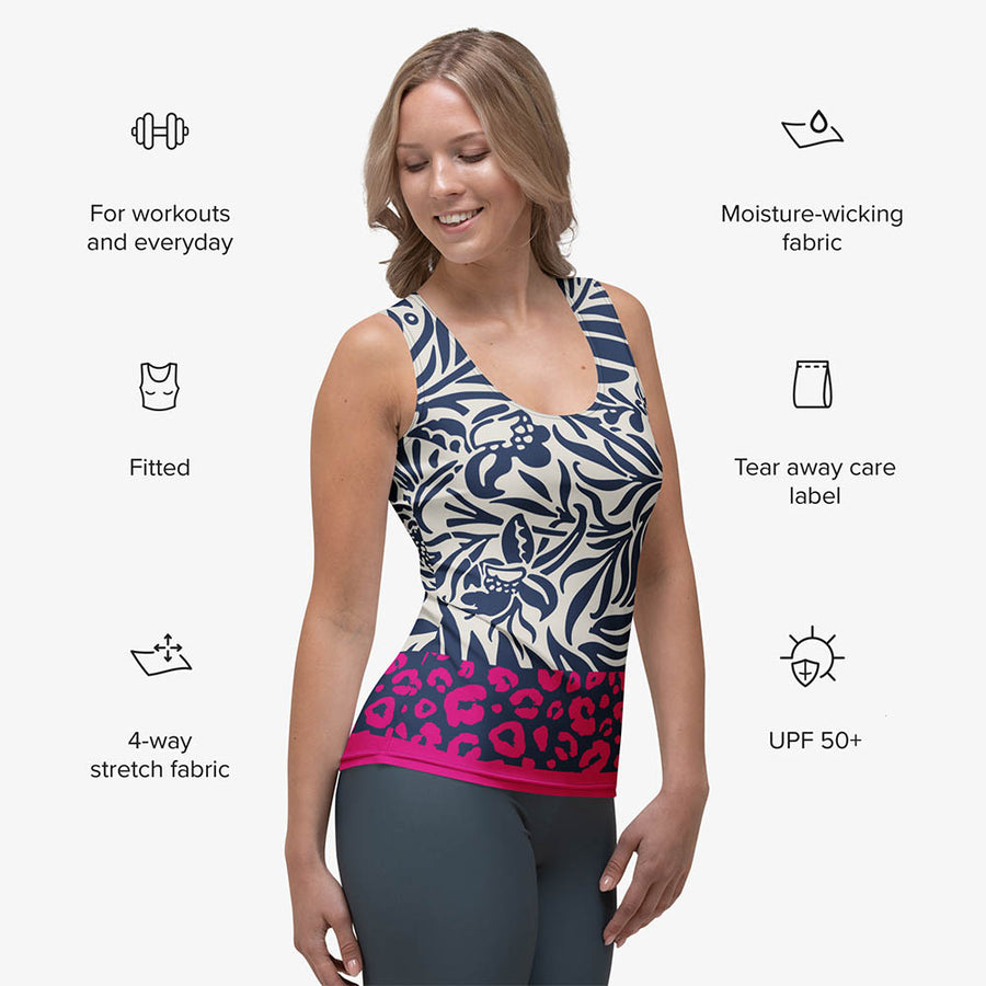Floral Flex Vest "Palms & Pards" White/Blue/Fuchsia