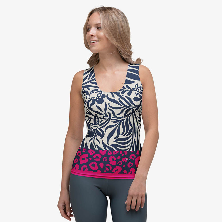 Floral Flex Vest "Palms & Pards" White/Blue/Fuchsia