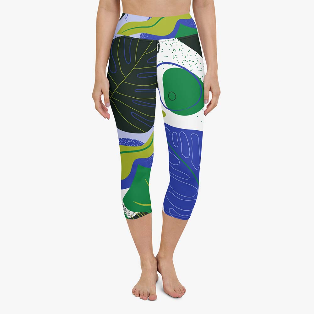WAREHOUSE Floral Capris "Abstract Leaves" Black/Blue/Green