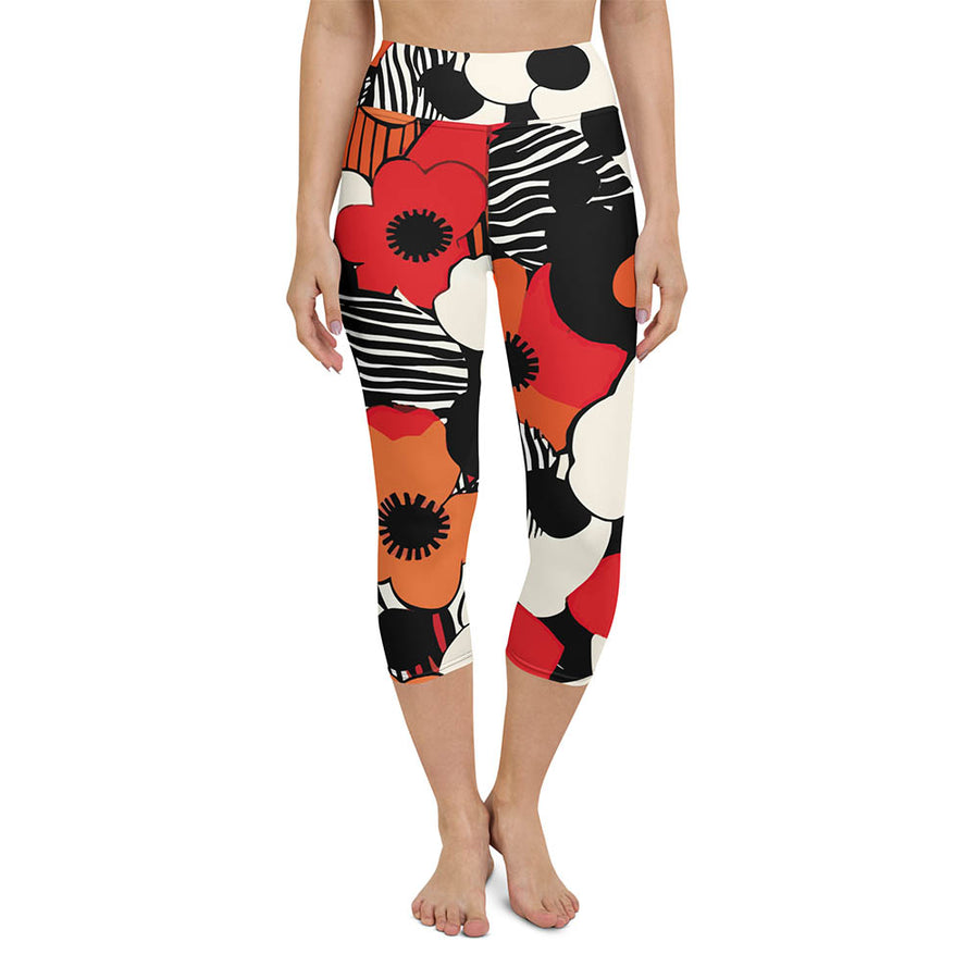 Floral Capris "Zebra Blossom" Black/Red/Orange