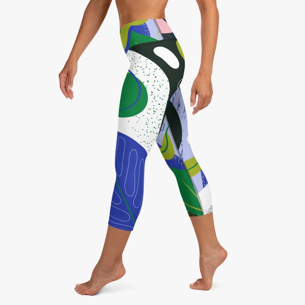 WAREHOUSE Floral Capris "Abstract Leaves" Black/Blue/Green