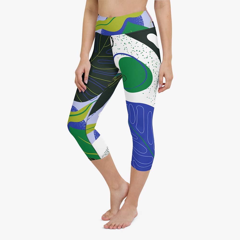 WAREHOUSE Floral Capris "Abstract Leaves" Black/Blue/Green