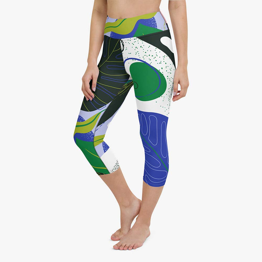Capris + Sports Bras "Abstract Leaves" Black/Blue/Green