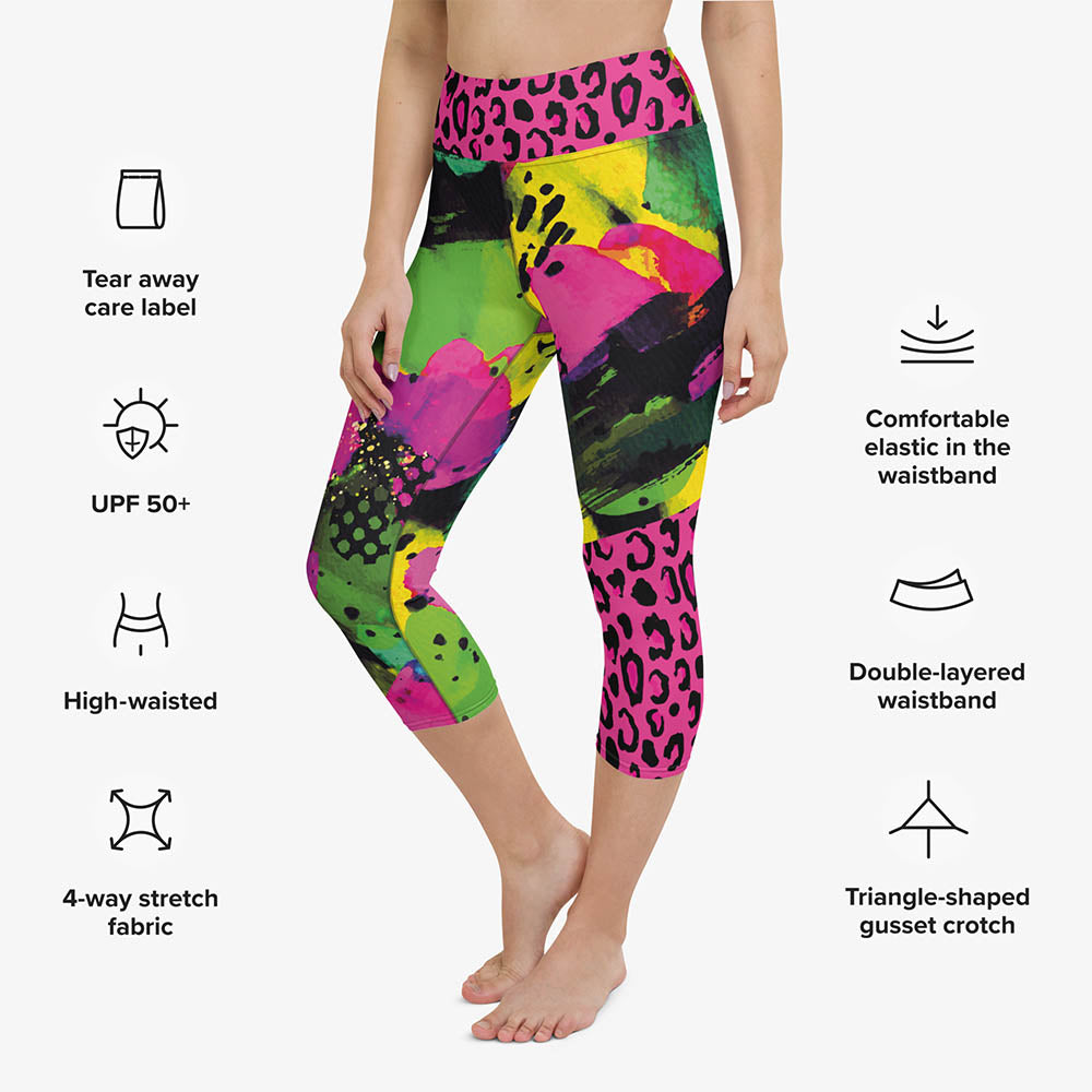 Yoga capri leggings with abstract print, left front view.
