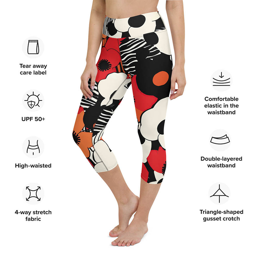 Floral Capris "Zebra Blossom" Black/Red/Orange