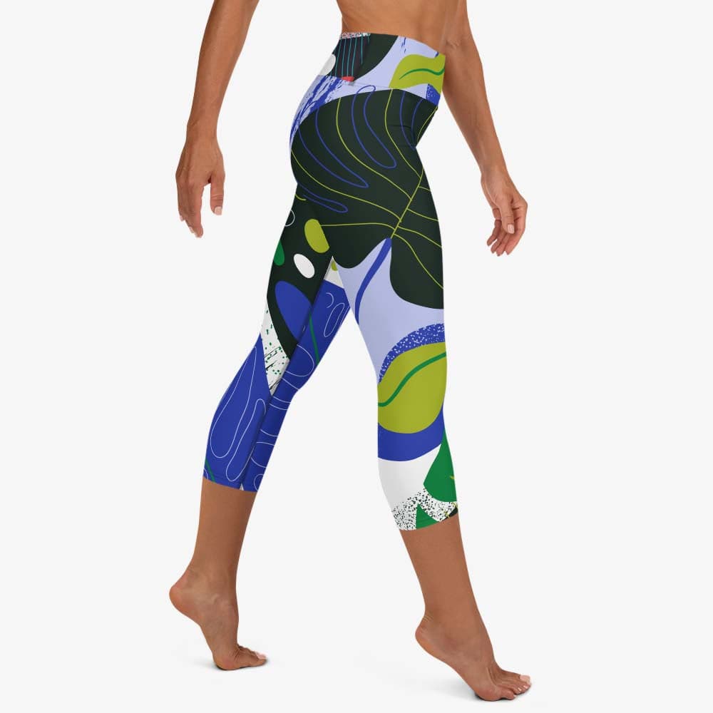 WAREHOUSE Floral Capris "Abstract Leaves" Black/Blue/Green