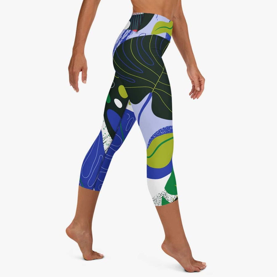 Capris + Sports Bras "Abstract Leaves" Black/Blue/Green