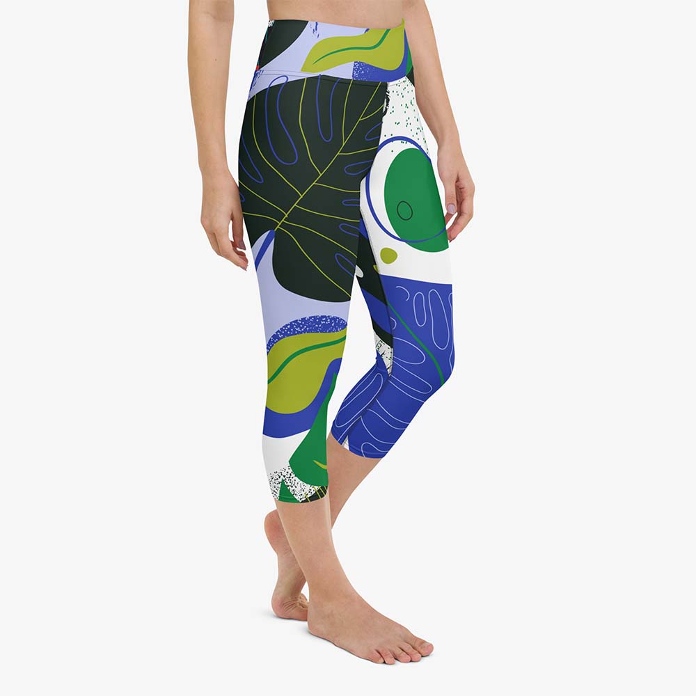 WAREHOUSE Floral Capris "Abstract Leaves" Black/Blue/Green