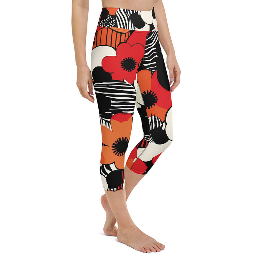 Floral Capris "Zebra Blossom" Black/Red/Orange