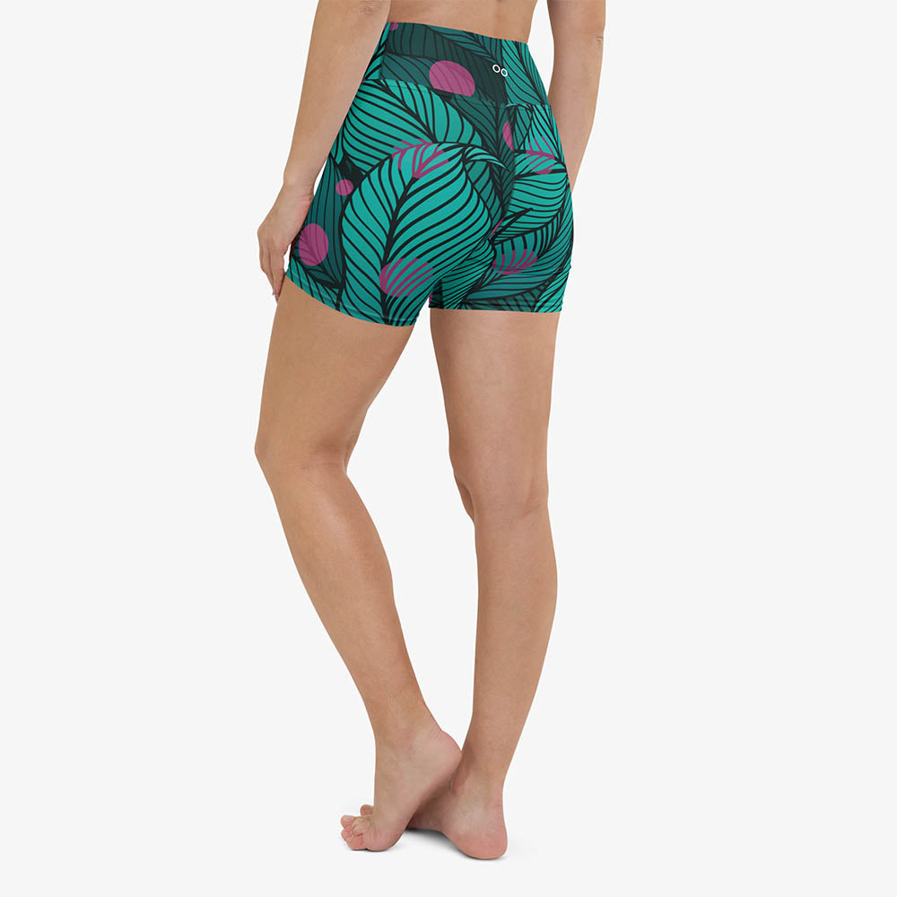 Back view of white yoga shorts with abstract print.