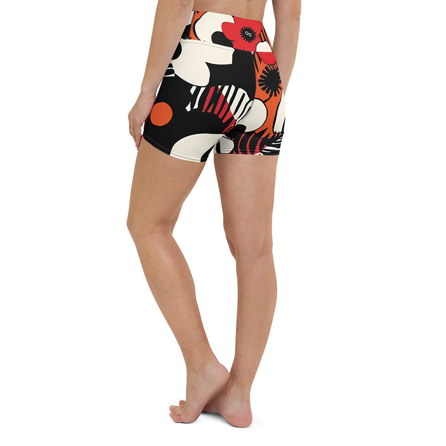 Floral Yoga Shorts "Zebra Blossom" Black/Red/Orange