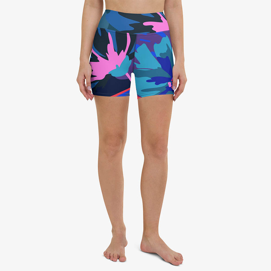 Floral Yoga Shorts "Flower Splash" Blue/Pink