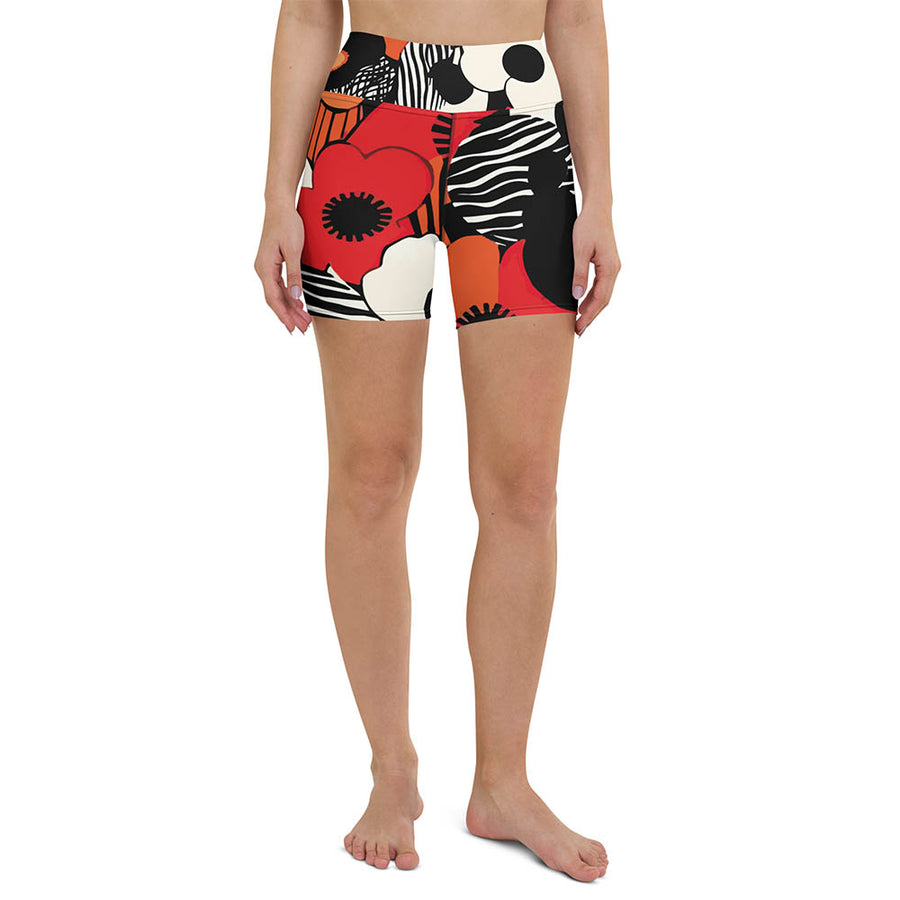 Floral Yoga Shorts "Zebra Blossom" Black/Red/Orange