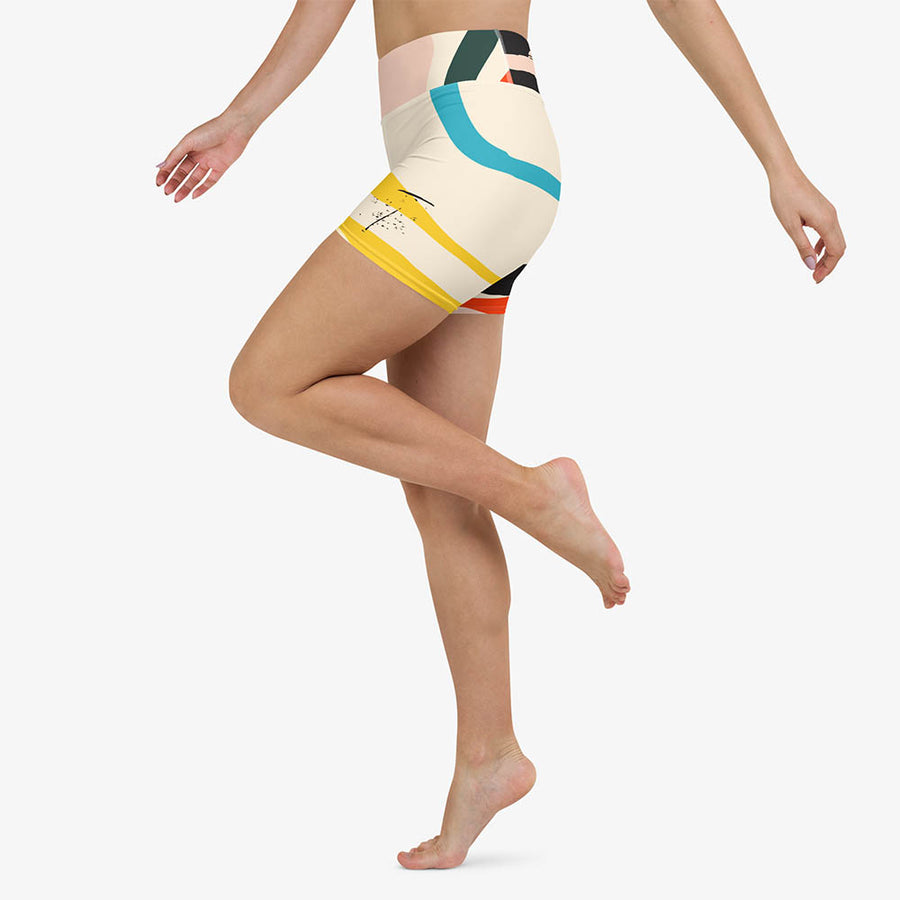 Printed Yoga Shorts "Stripe Art" Black/Red/Yellow