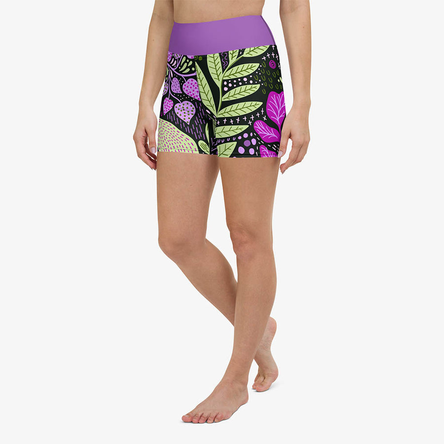 Floral Yoga Shorts "Fairy Forest" Purple/Lime