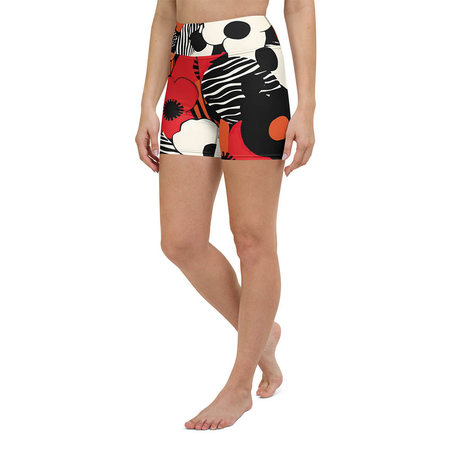 Floral Yoga Shorts "Zebra Blossom" Black/Red/Orange